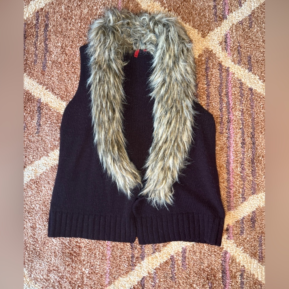 Burgundy Knit Vest with Faux Fur Collar
